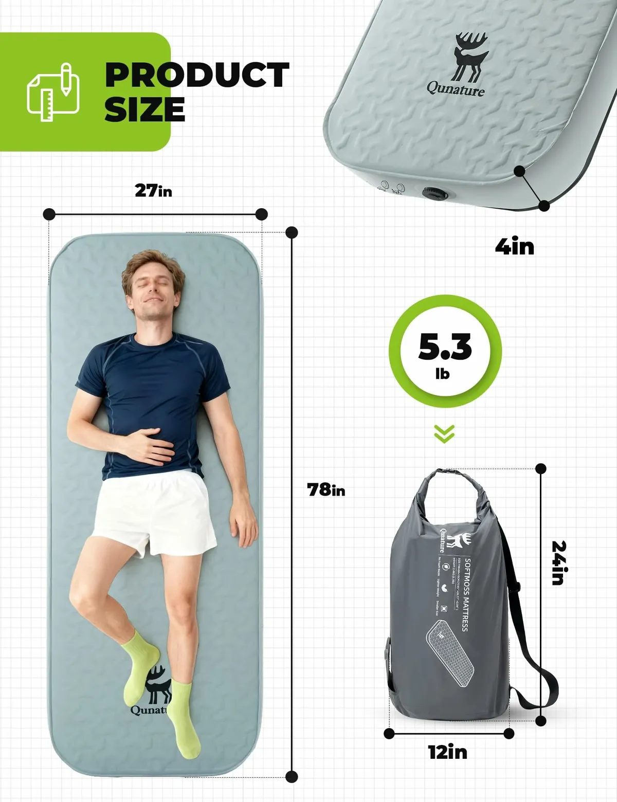 Qunature Portable Inflating Sleeping Pad with Foam - Image 5