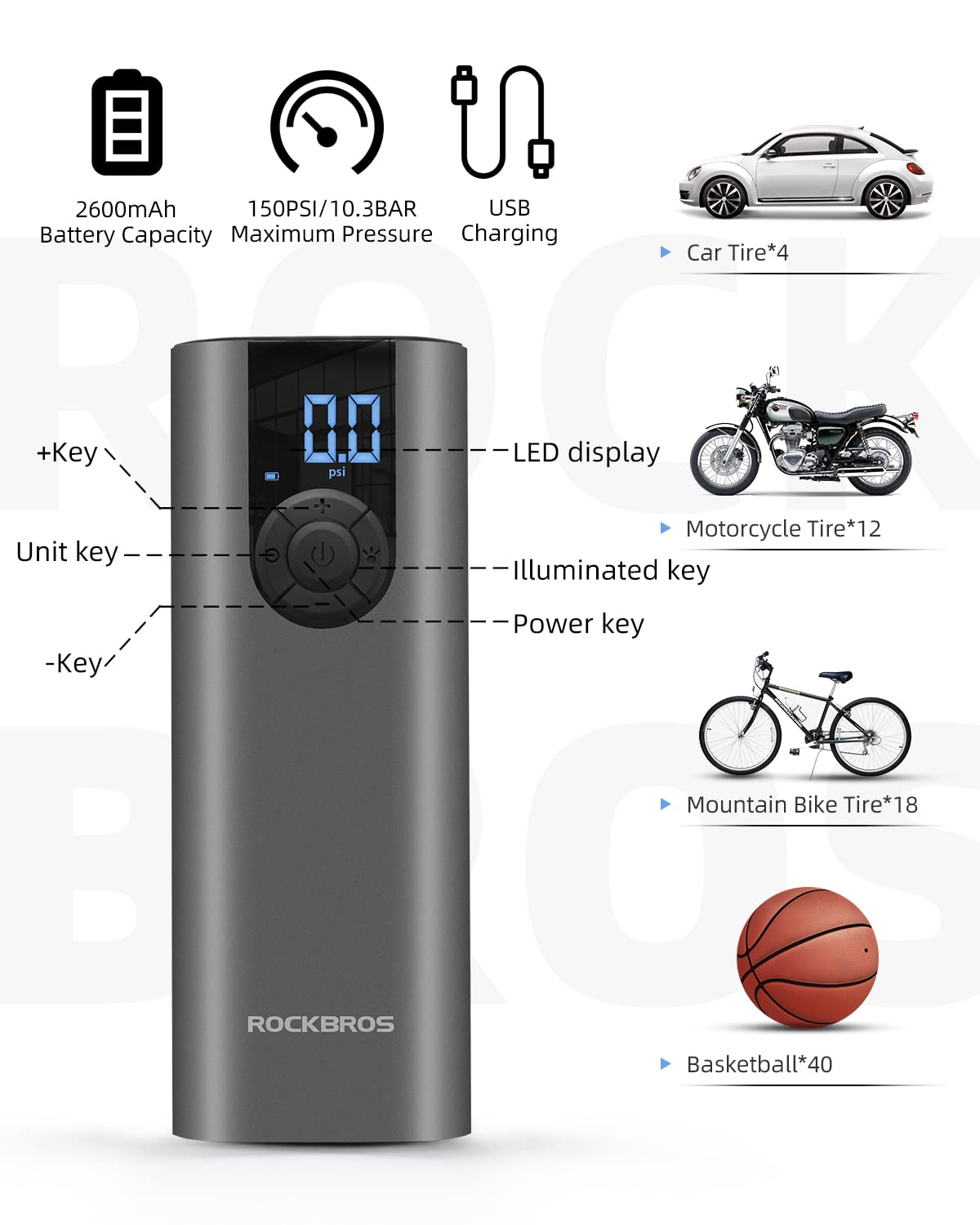 ROCKBROS A8 Mini Electric Air Bike Tire Pump 150PSl 2*2600mAh - Image 2