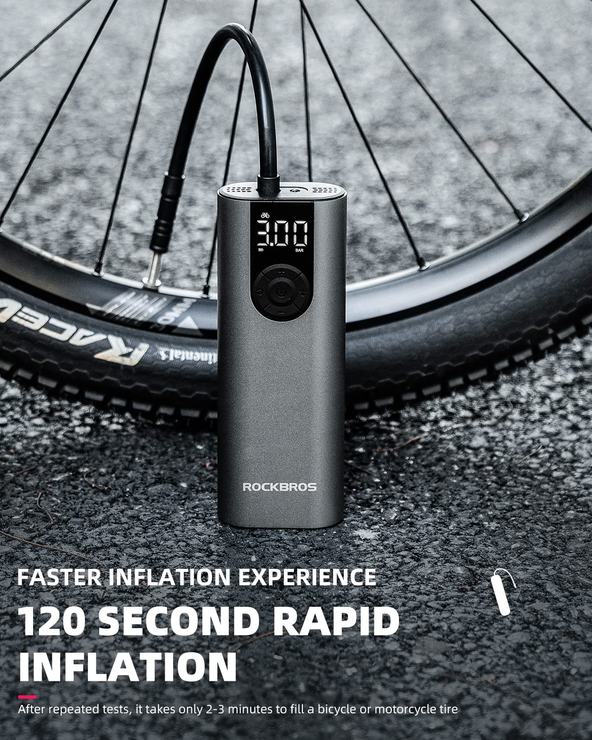 ROCKBROS A8 Mini Electric Air Bike Tire Pump 150PSl 2*2600mAh - Image 3