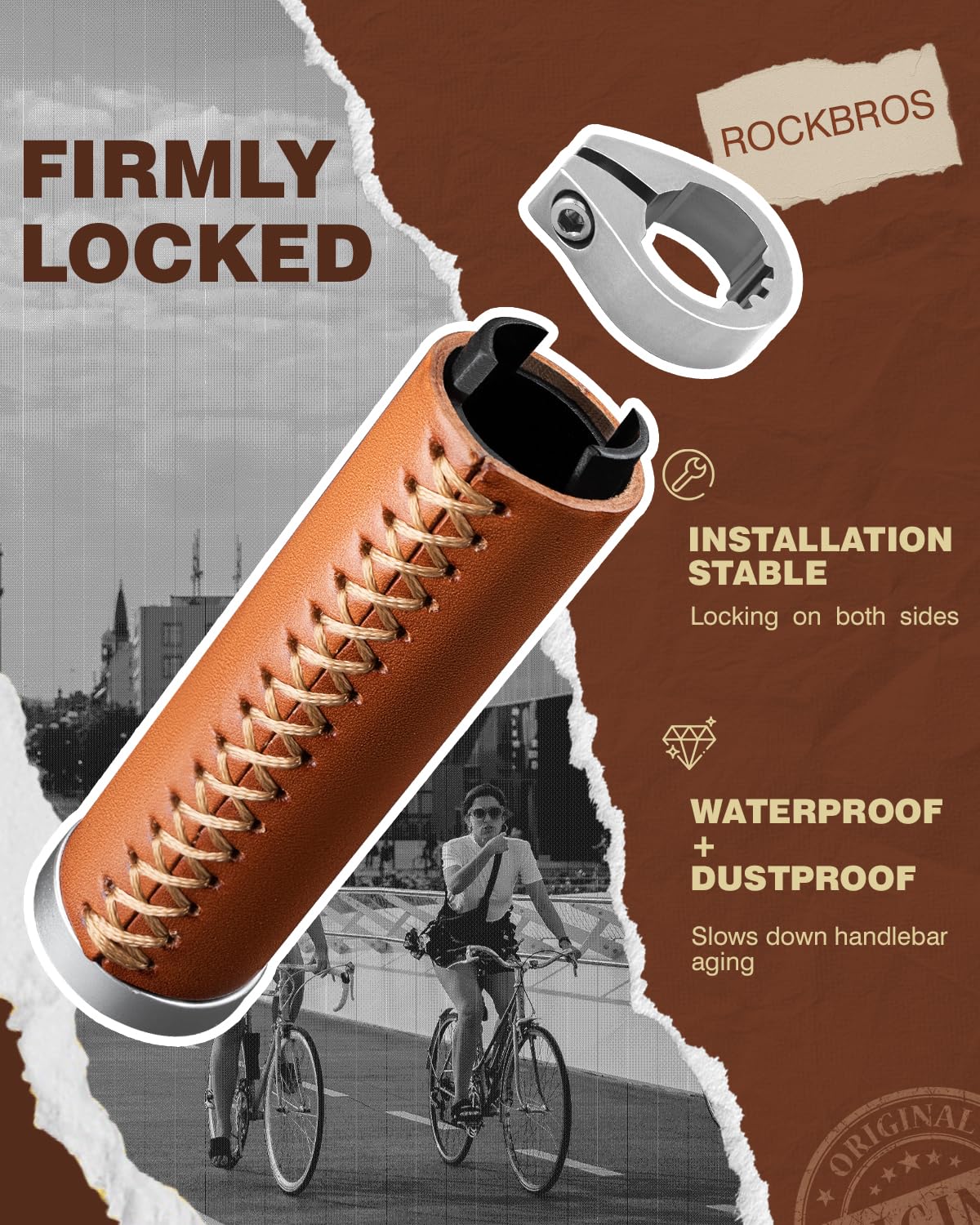 ROCKBROS Leather Vintage Mountain Bike Folding Bike Handlebar Grips 22.2mm - Image 2