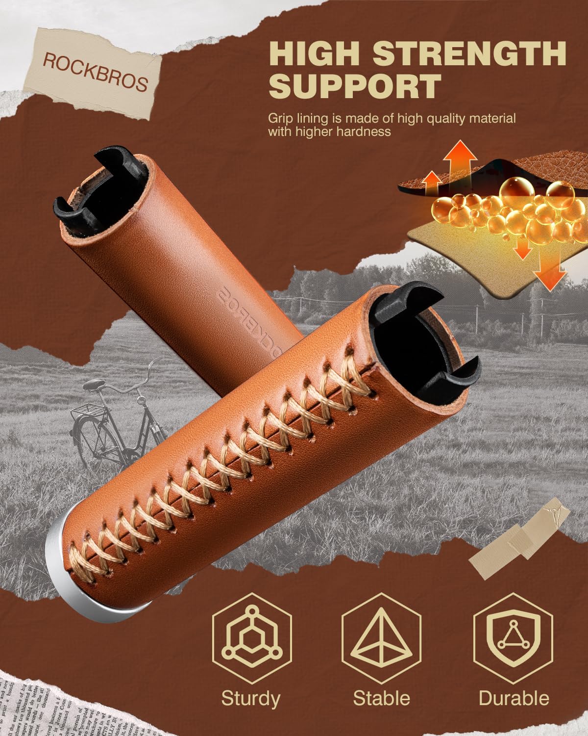 ROCKBROS Leather Vintage Mountain Bike Folding Bike Handlebar Grips 22.2mm - Image 3