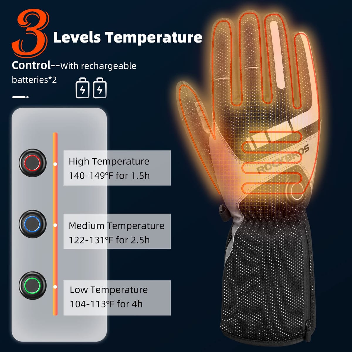 ROCKBROS Rechargeable Heated Gloves 4000mAh Touchscreen Windproof Thermal - Image 2