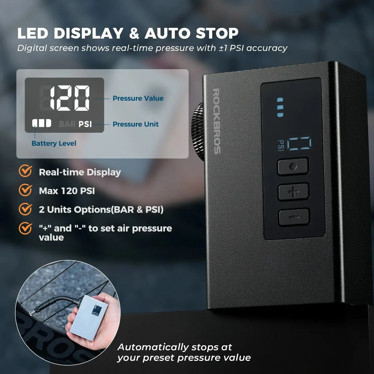 AS240 PRO Mini Electric Bike Pump with Gauge Max 120PSI - Image 4